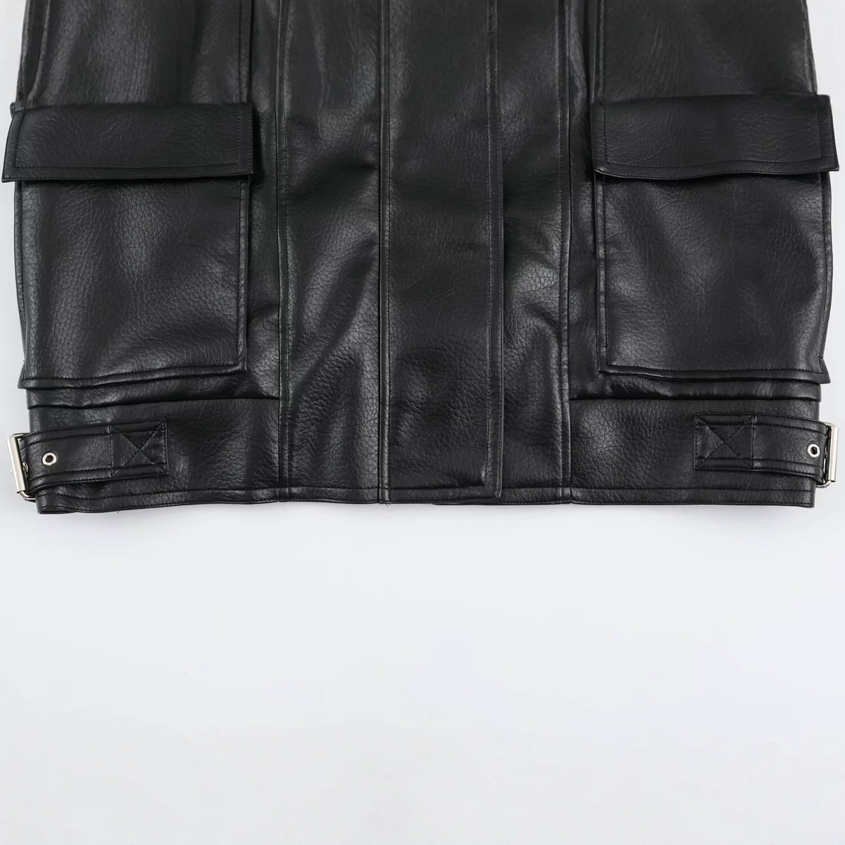 Pocket decoration zipper stand up collar leather effect jacket