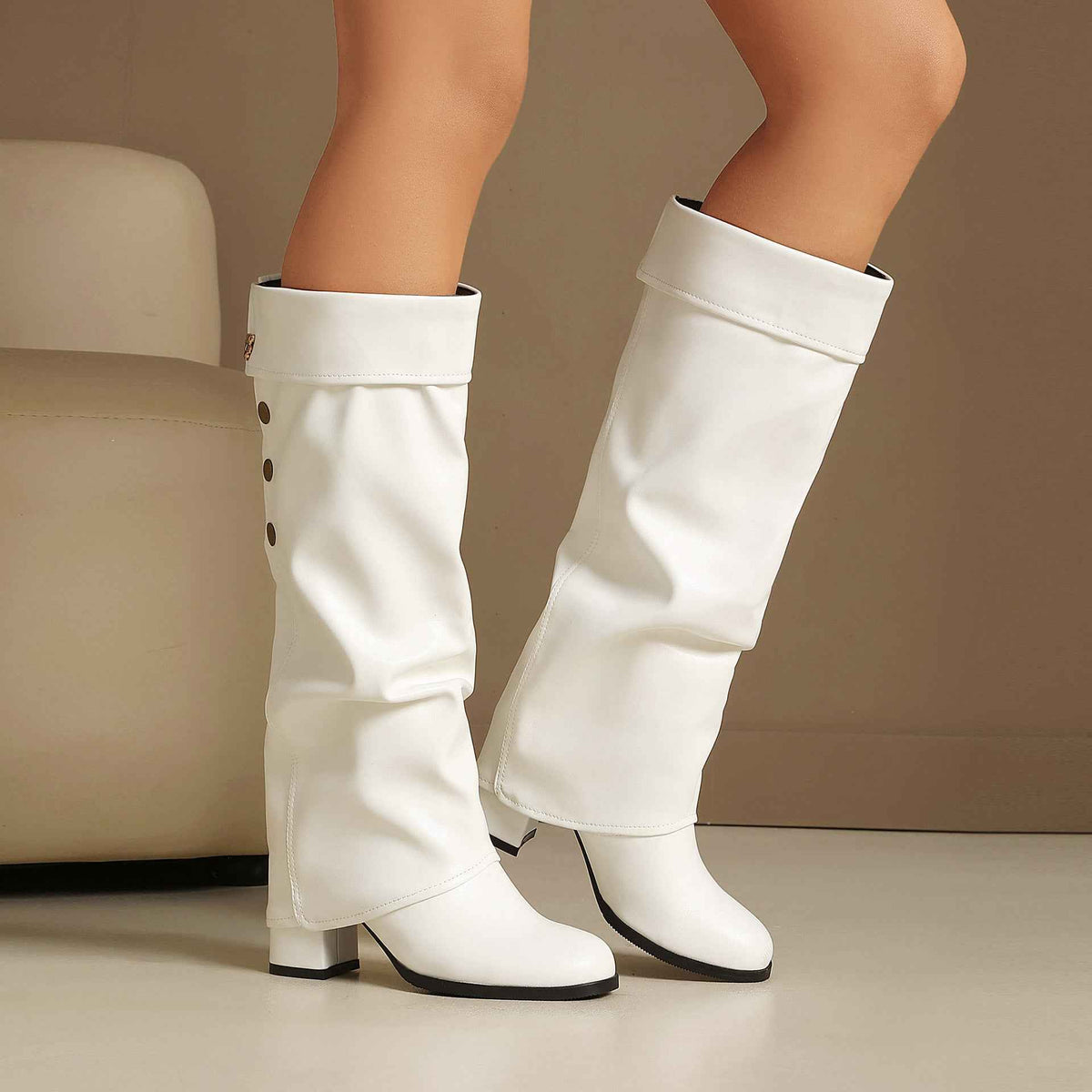 Women's Chunky Heel Knee-High Boots with Buckle Detail.
