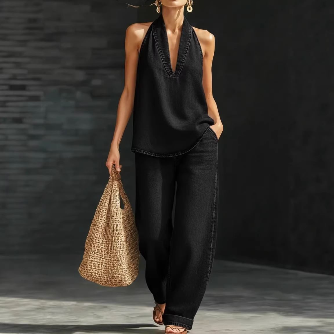 Women's V-Neck Sleeveless Top & Wide Leg Pants Set.