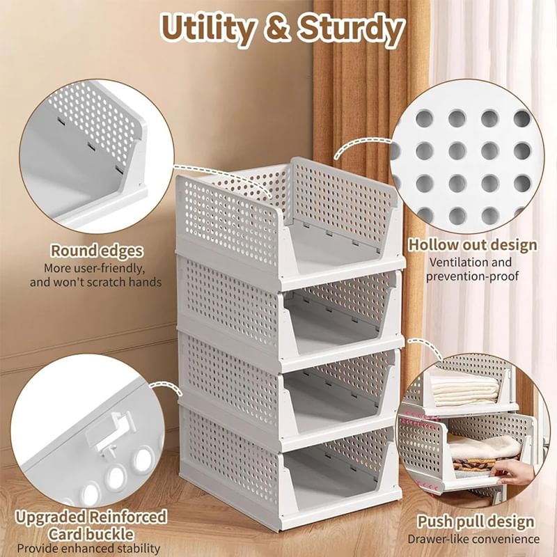 4 Pack Plastic Closet Organizer Bins, Stackable Foldable Storage Baskets with Slide-Out Rails for Clothes, Toys, T-Shirts.