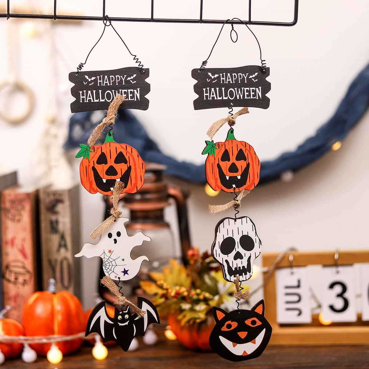Halloween Pumpkin & Ghost Wooden Door Hanger.