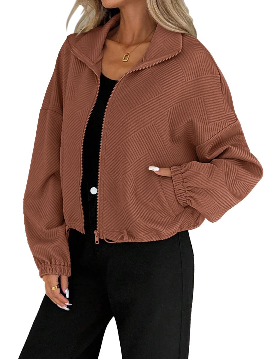 Women's Loose Zip-Up Jacket with Drawstring Hem & Pockets.