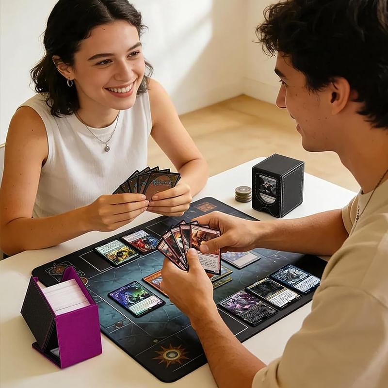 Leather TCG Card Storage Box – 100+ Card Capacity Organizer with Dividers for Trading Card Games.