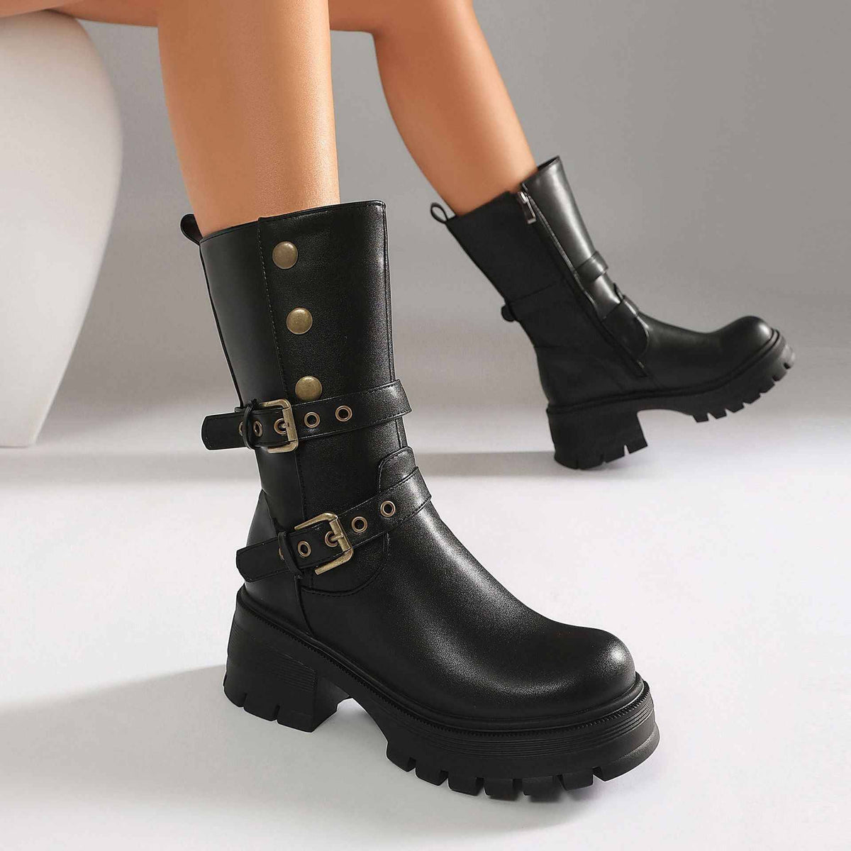 Women's Thick Sole High Heel Ankle Boots with Belt Buckle.