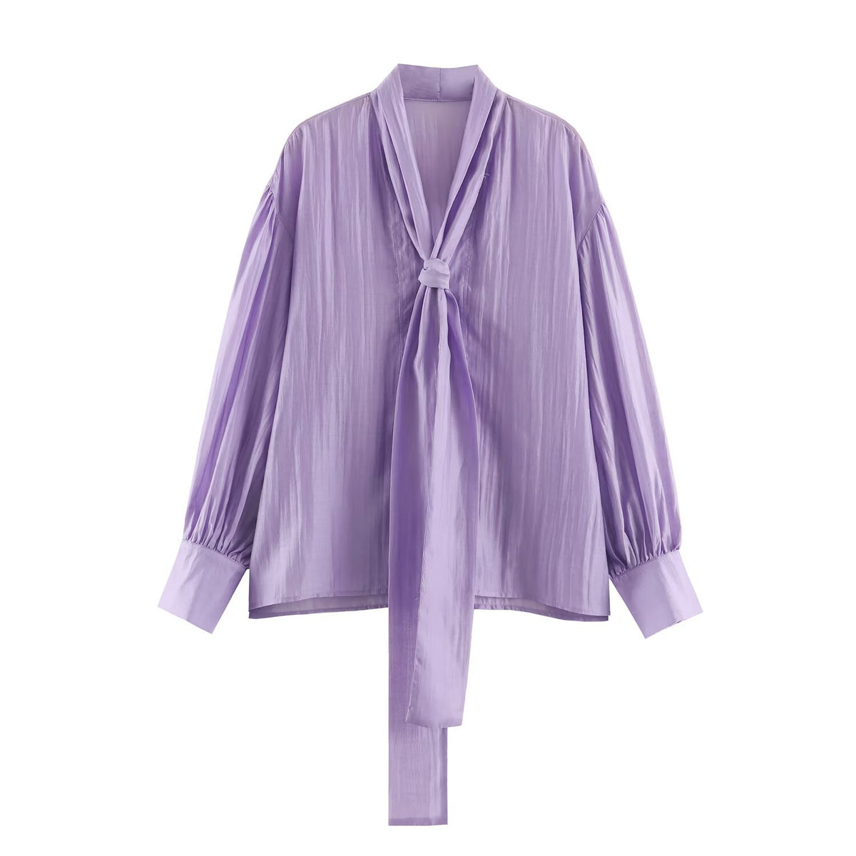 Loose bow silk satin texture long sleeved shirt for women