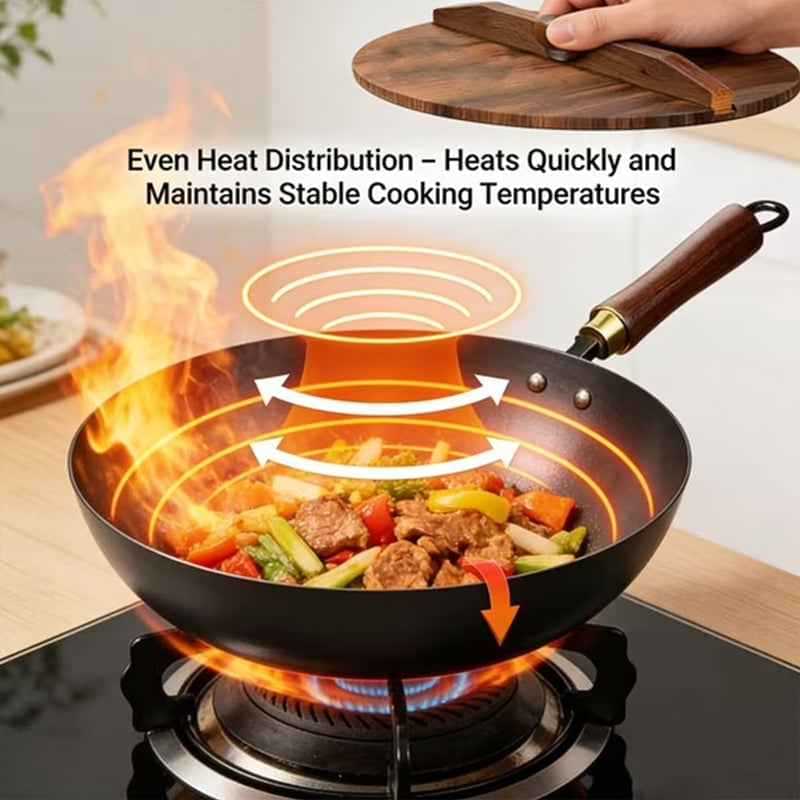 Hand-Forged Iron Wok 24/28cm Uncoated with Wood Lid for Induction Gas.