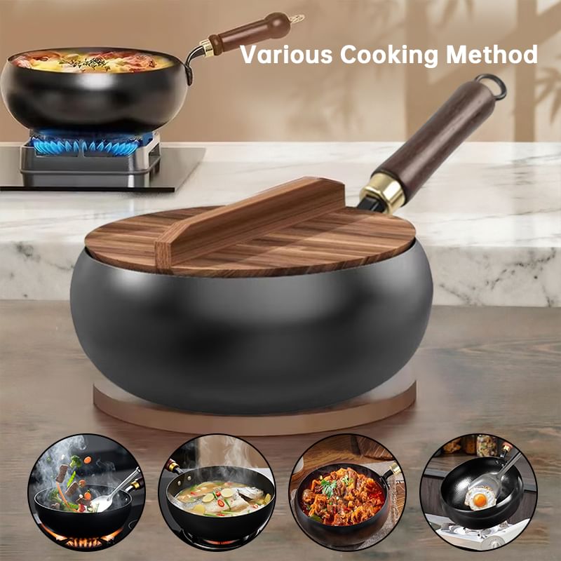 Hand-Forged Iron Wok 24/28cm Uncoated with Wood Lid for Induction Gas.