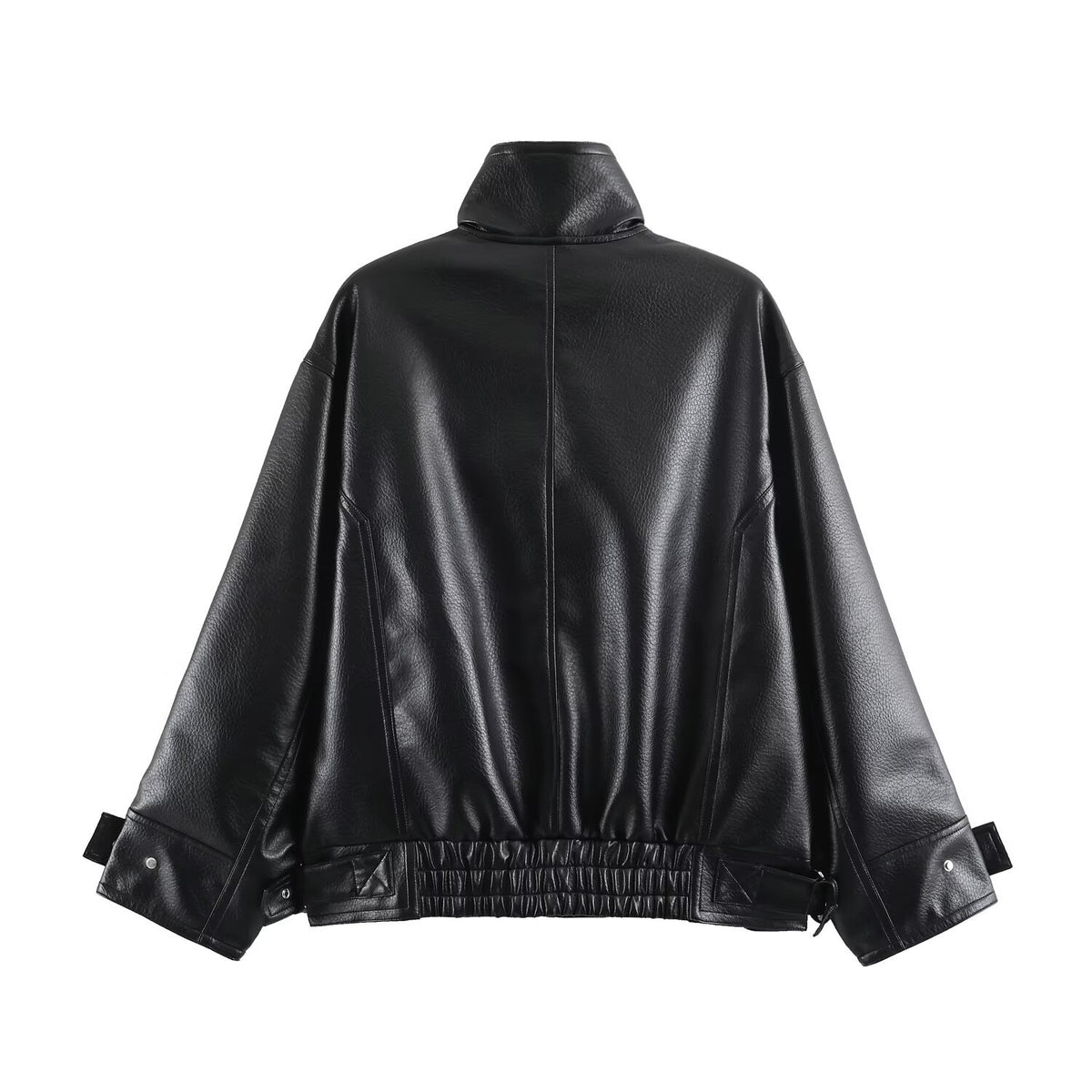 Pocket decoration zipper stand up collar leather effect jacket
