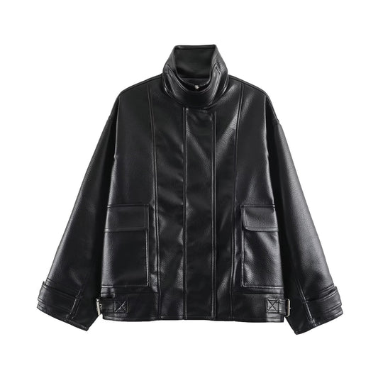 Pocket decoration zipper stand up collar leather effect jacket