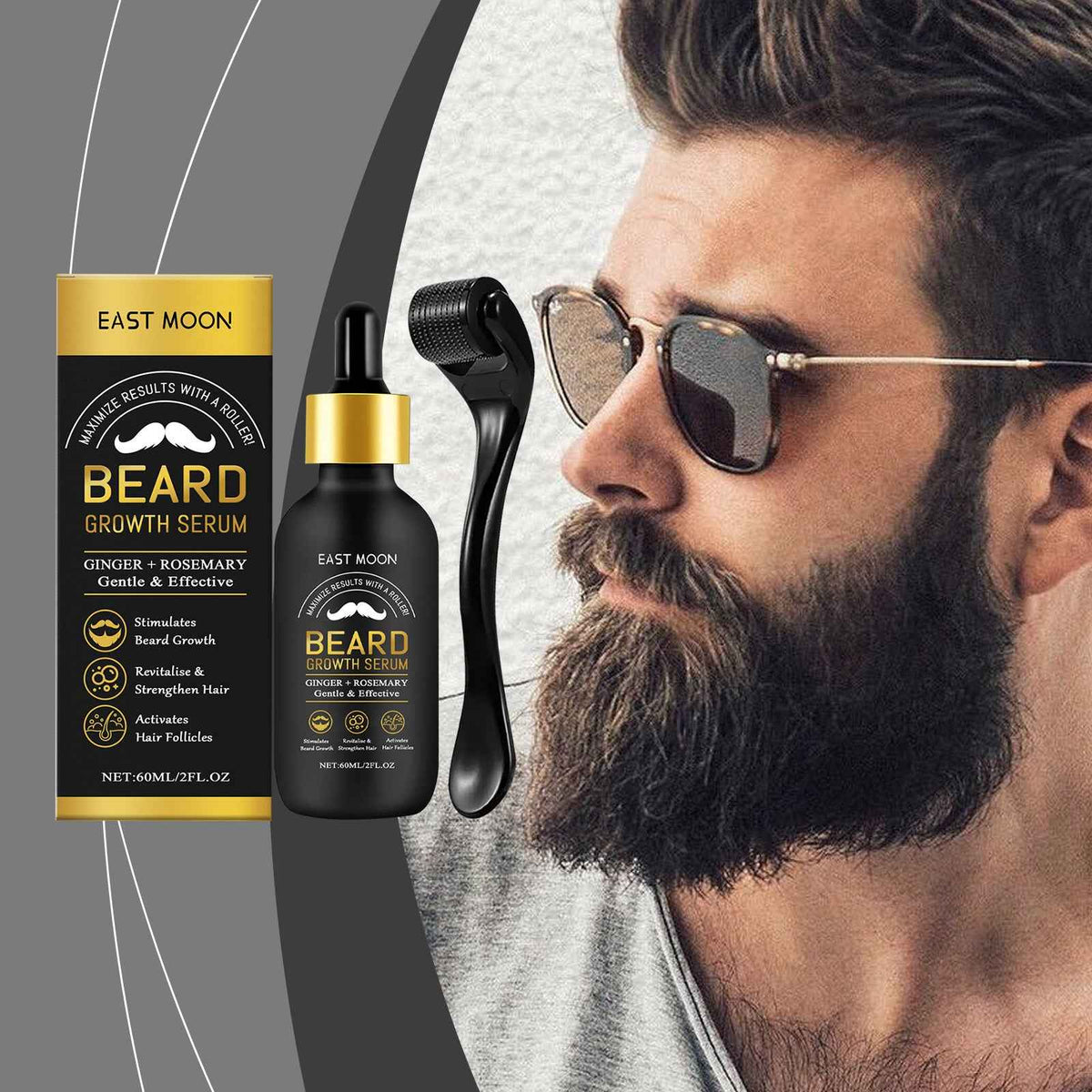 East Moon Beard Growth Serum & Derma Roller Kit – Ginger & Rosemary.