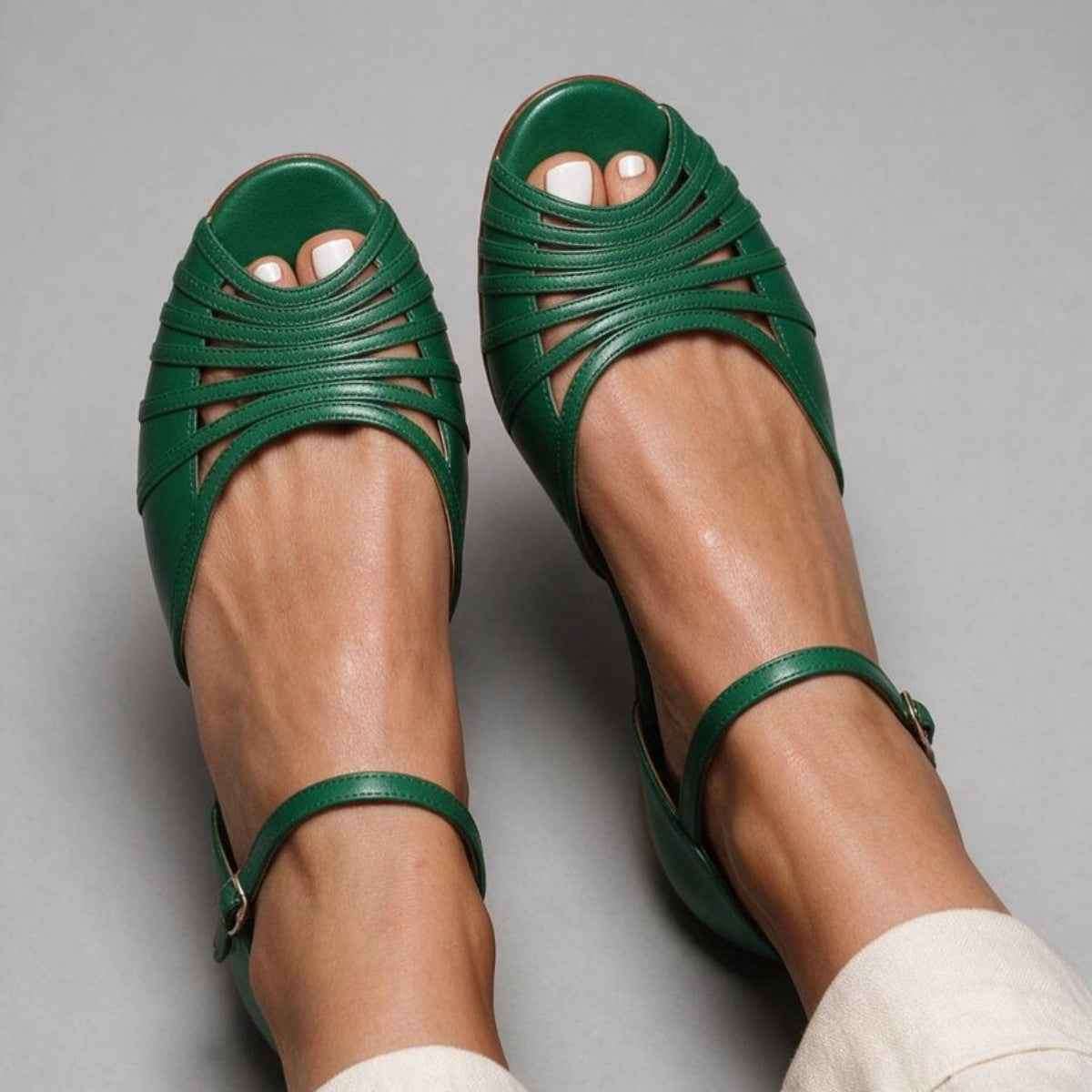 Women's Flat Ankle Strap Sandals with Adjustable Buckle.