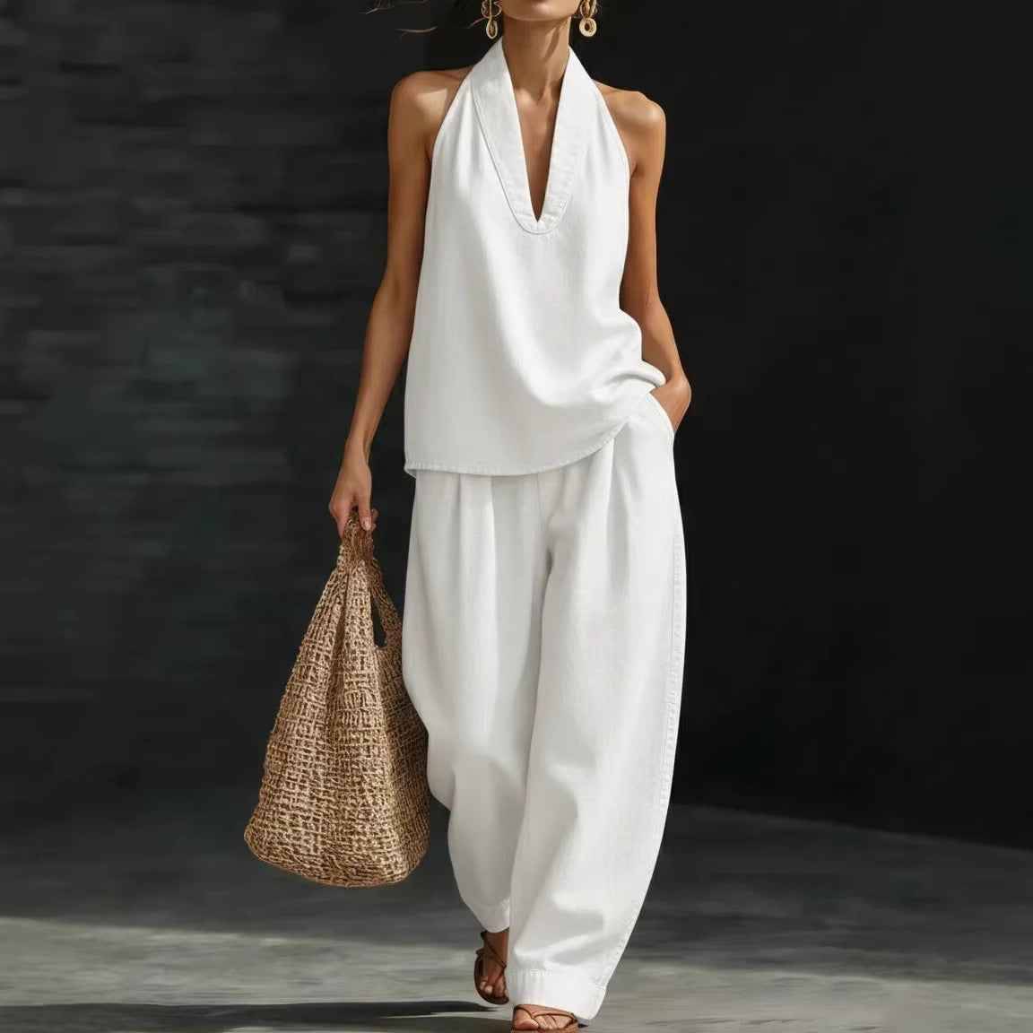 Women's V-Neck Sleeveless Top & Wide Leg Pants Set.