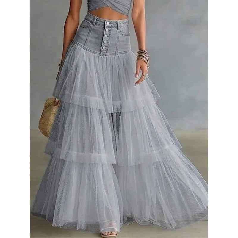 Women's Denim Patchwork Mesh Swing Skirt.