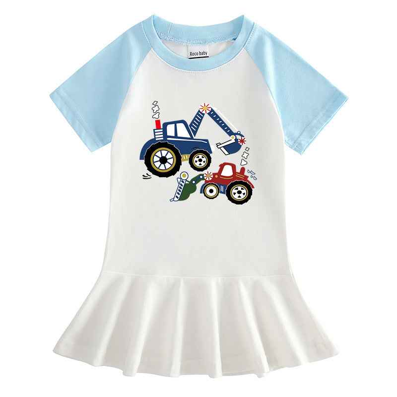 Girls' Cartoon Print Dress – Casual Short Sleeve.