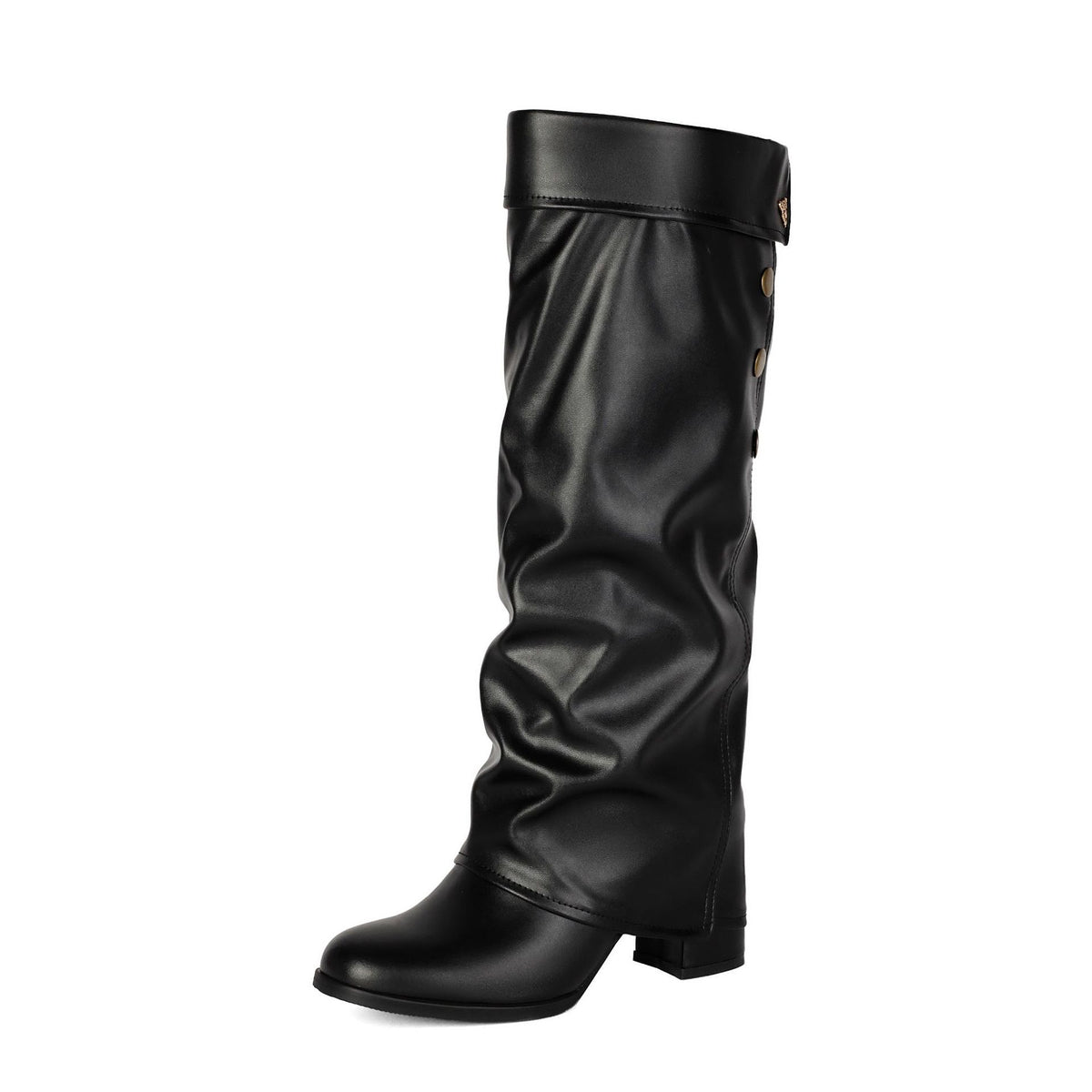 Women's Chunky Heel Knee-High Boots with Buckle Detail.