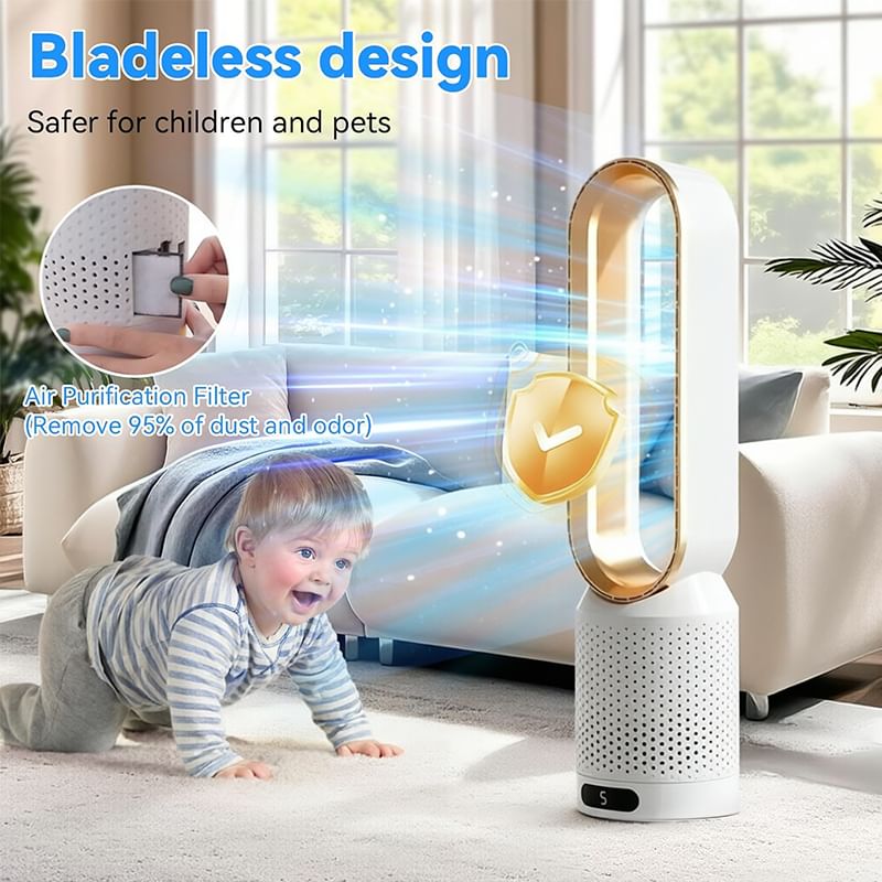 Bladeless Tower Fan with Air Purifier – Ultra-Quiet for Bedroom & Office.