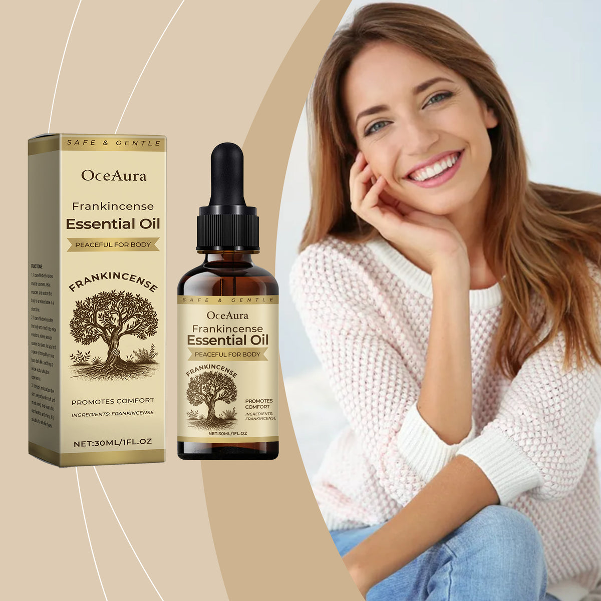 Oceaura Body Frankincense Care Essential Oil beside a smiling woman in a cream knit sweater