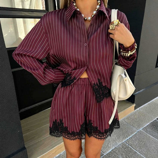 Women's Striped Shirt & Drawstring Shorts Set.