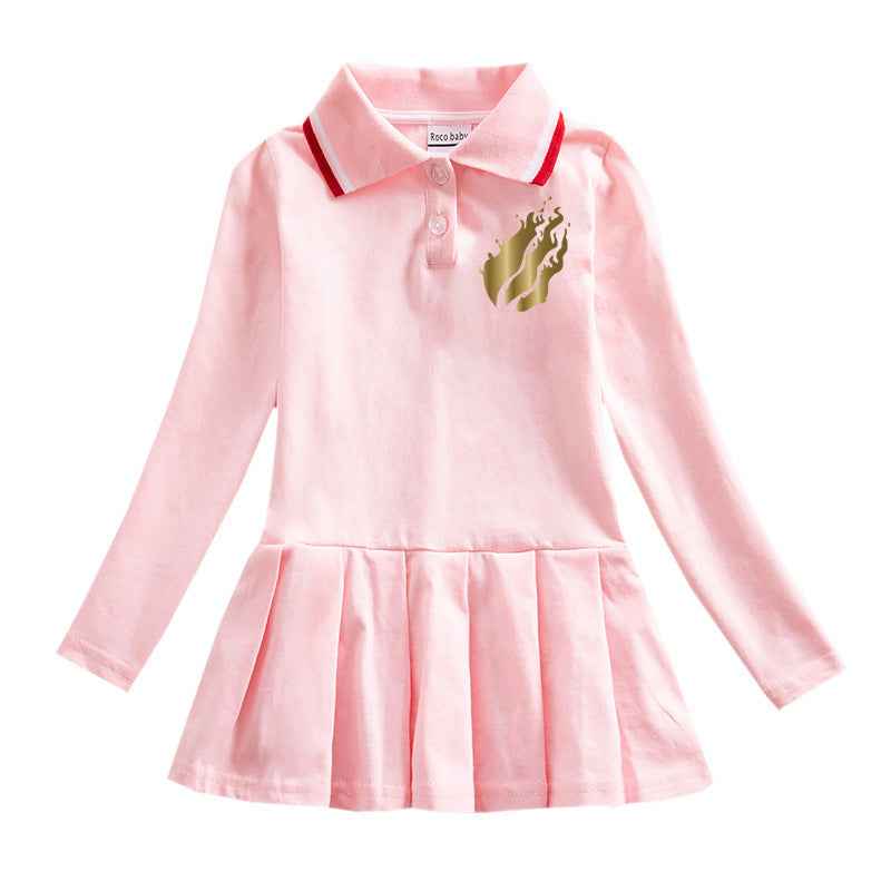 Girls' Long-Sleeve Polo Pleated Dress – Gold Flame Print.