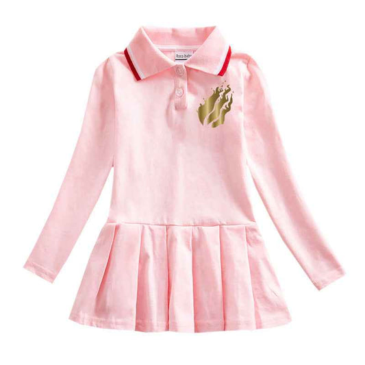 Girls' Long-Sleeve Polo Pleated Dress – Gold Flame Print.