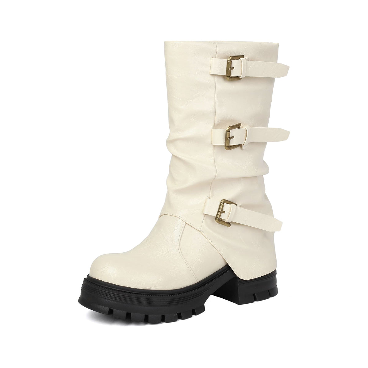 Women's Chunky Heel Short Boots with Belt Buckle Slip-On.