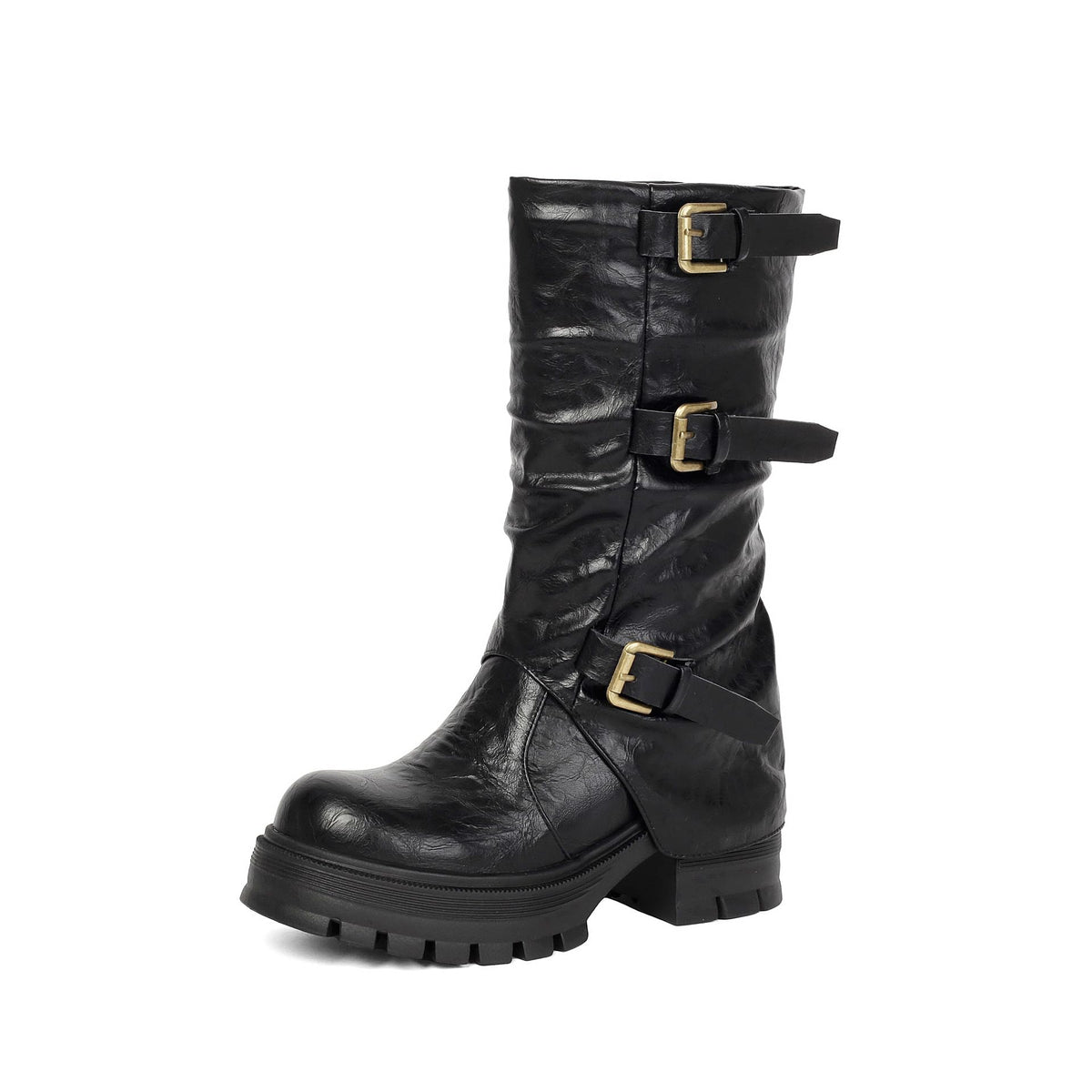 Women's Chunky Heel Short Boots with Belt Buckle Slip-On.