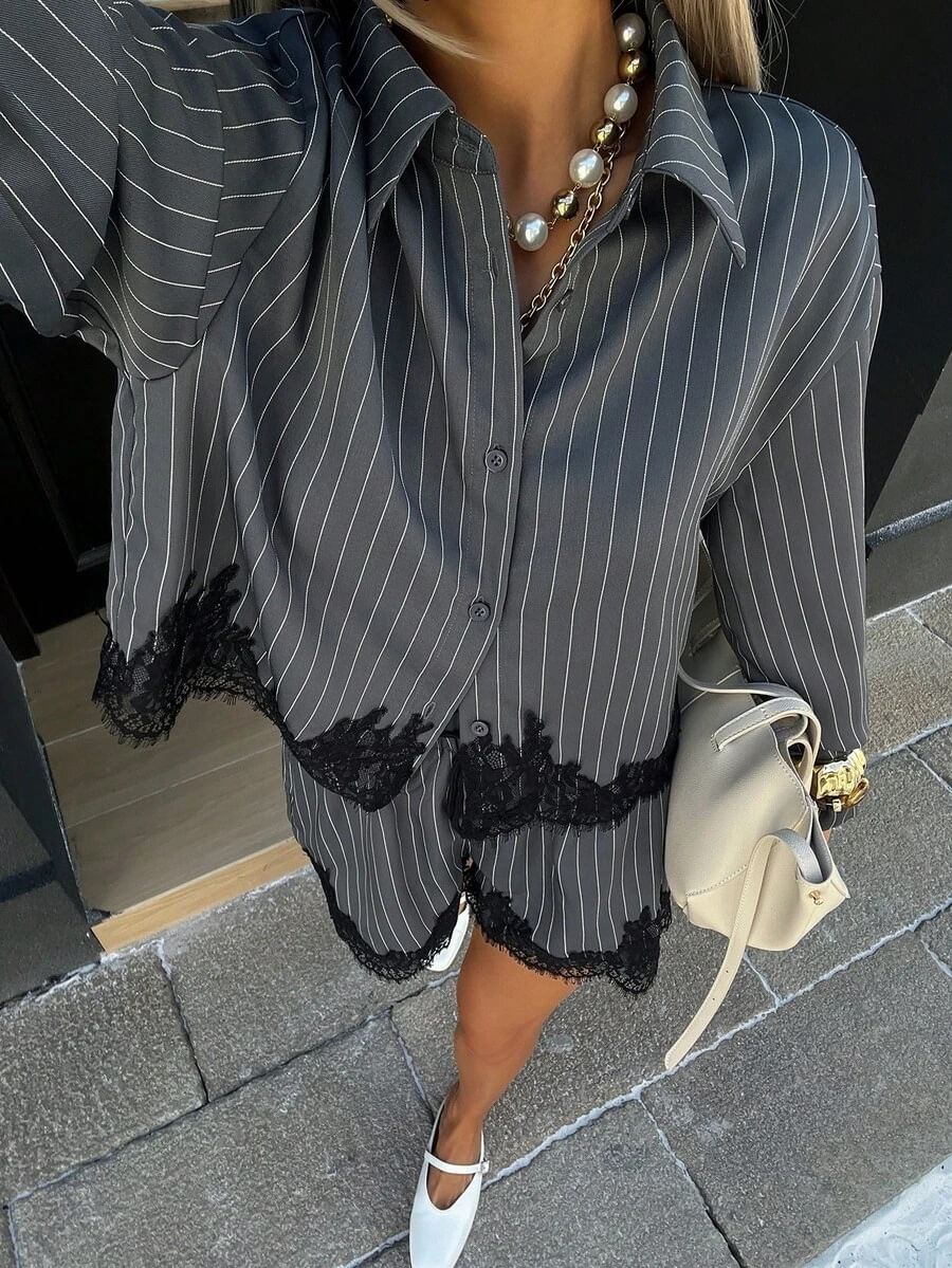 Women's Striped Shirt & Drawstring Shorts Set.