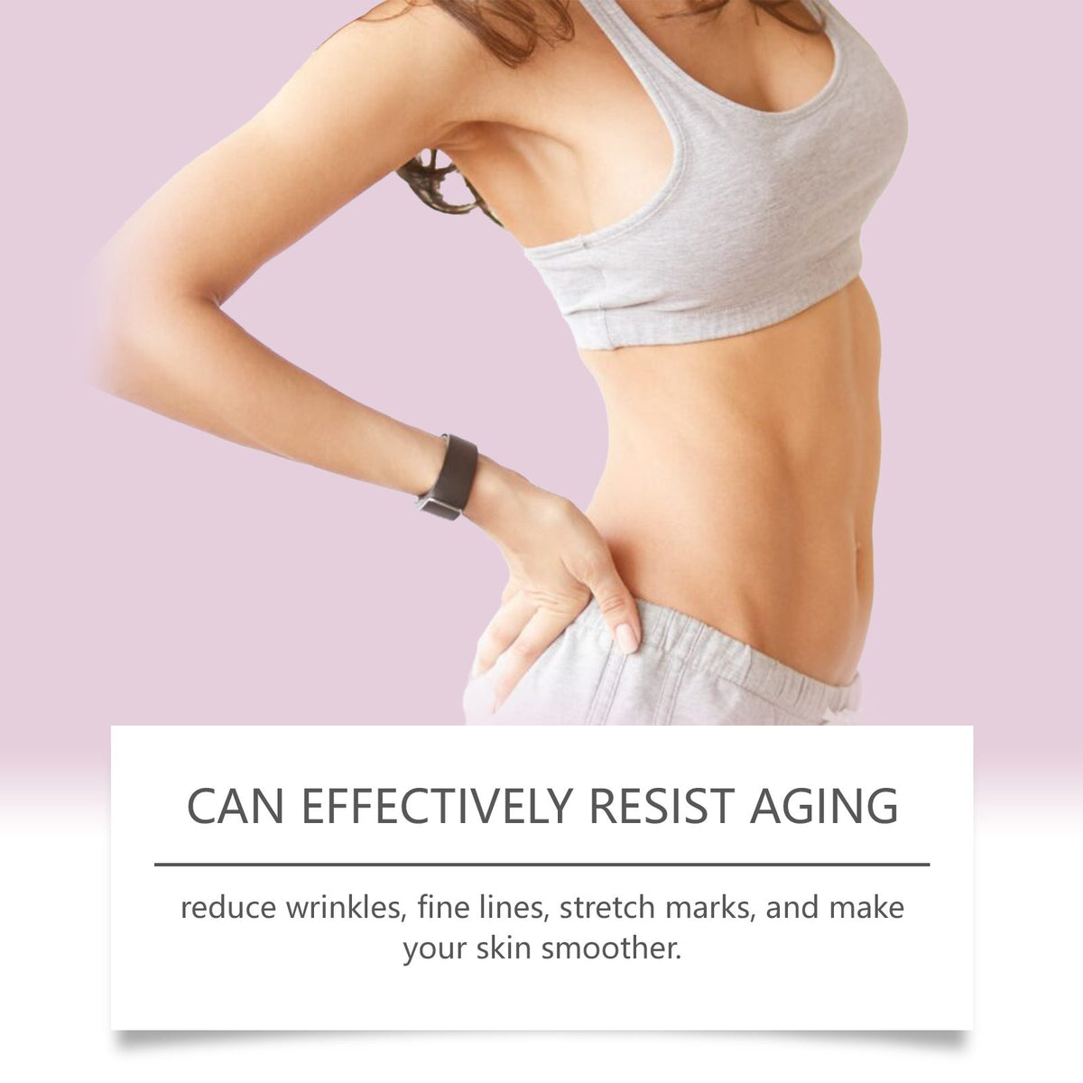 Oceaura Firming Moisturizer shown on a woman's bare midriff with a dark wristwatch against a lilac background