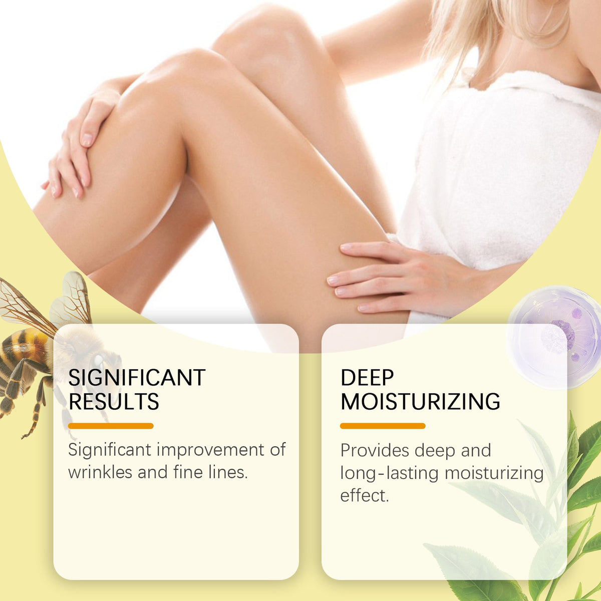 Oceaura Firming Moisturizer shown with a bee and honey design beside a woman's bare legs wrapped in a white towel