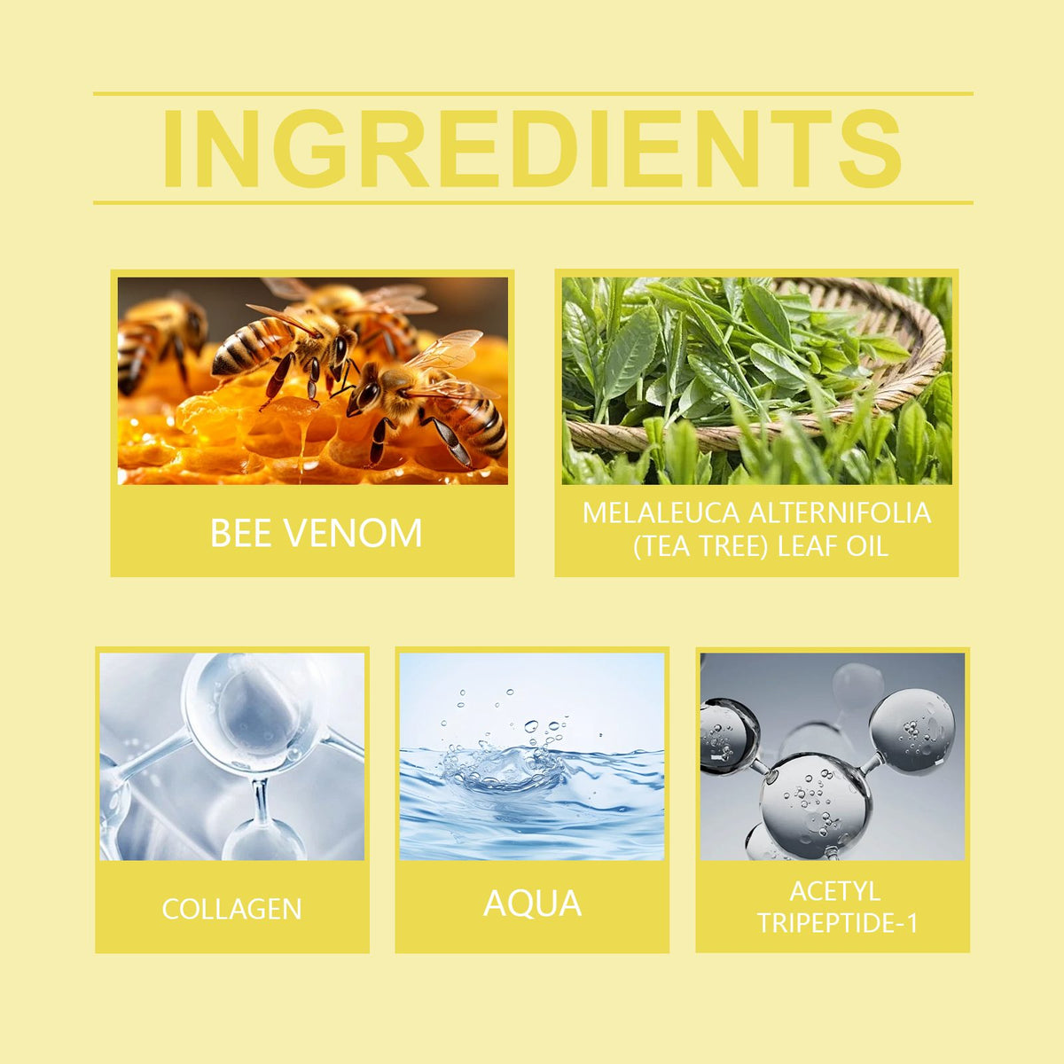 Oceaura Firming Moisturizer ingredients shown as bee venom, tea tree leaf oil, collagen