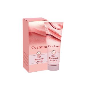 OceAura Hair Removal Cream comes in a pink box beside a matching pink tube with a white cap