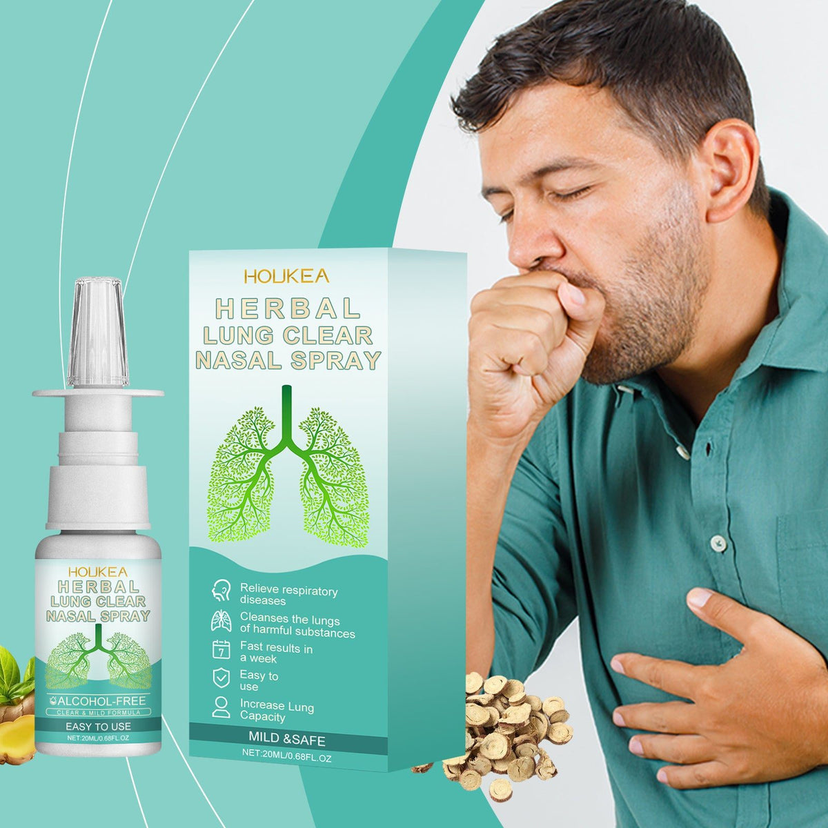Houkea Herbal Nasal Spray for nasal irritation beside a green lung-design box, with a man coughing nearby