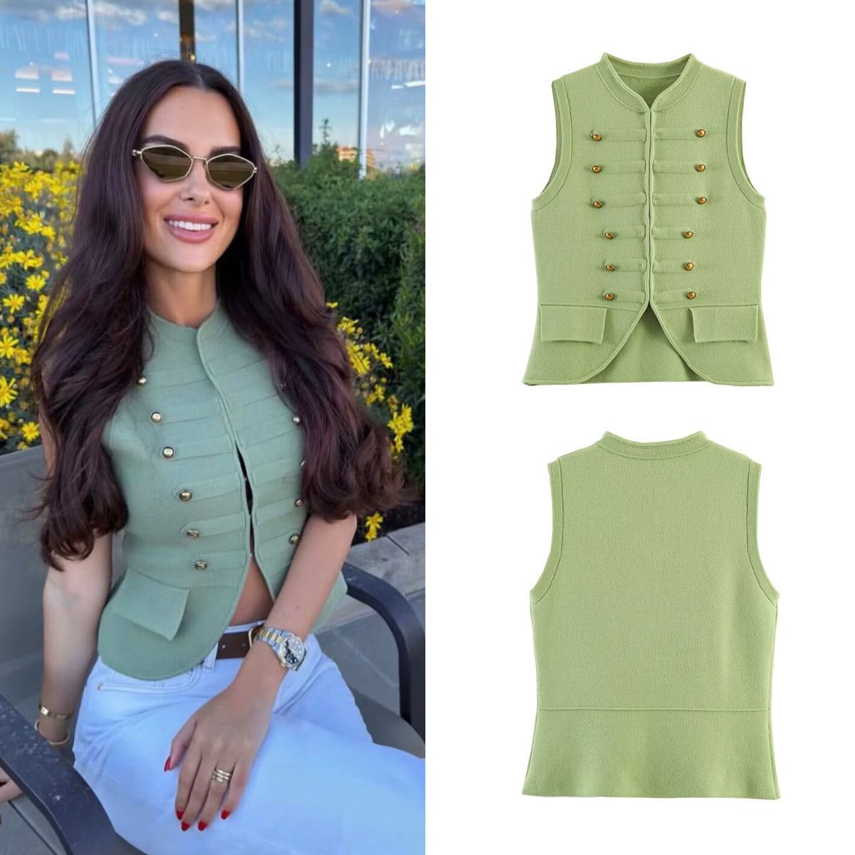 Sleeveless round neck rope knot knit vest top for women