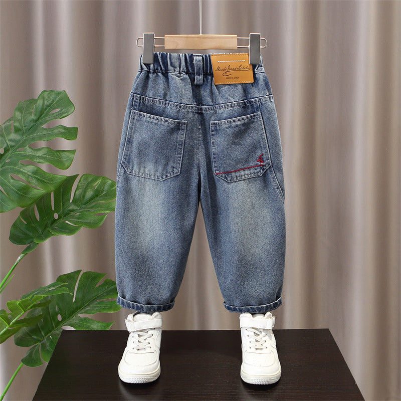 Boys Casual Denim Jeans Elastic Waist Relaxed Fit Long Pants with Embroidered Letter Patch