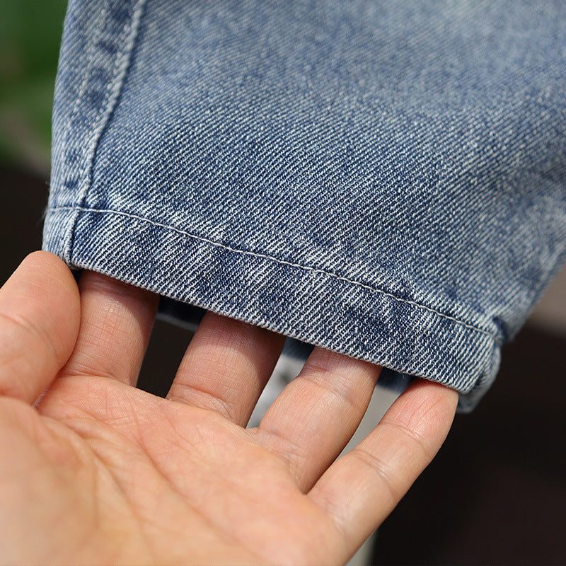Boys Casual Denim Jeans Elastic Waist Relaxed Fit Long Pants with Embroidered Letter Patch