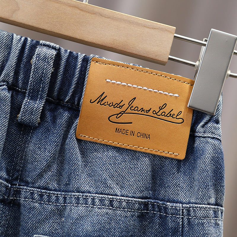 Boys Casual Denim Jeans Elastic Waist Relaxed Fit Long Pants with Embroidered Letter Patch