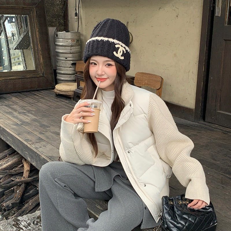 Trendy Color-Block Knit Sleeve Stand Collar Cropped Quilted Down Jacket