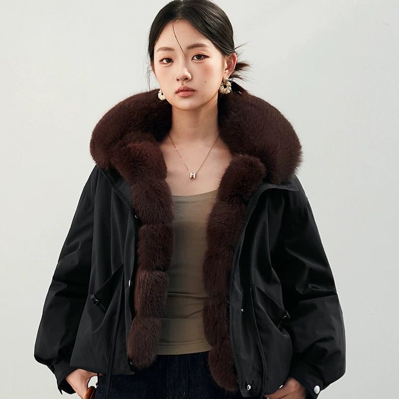 Women's Cropped Workwear Parka with Detachable Large Fur Collar, Thickened Cotton-Filled Windbreaker Coat