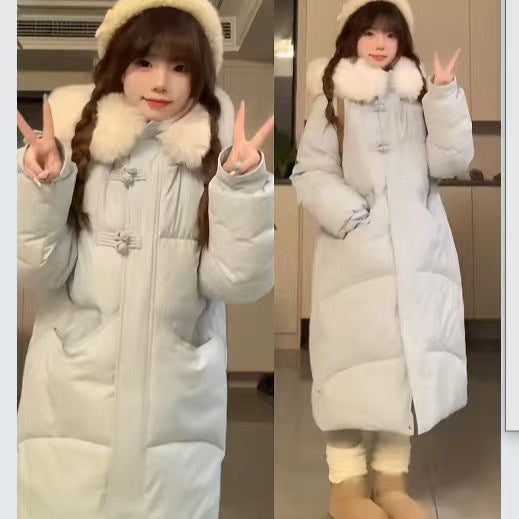 Women's Long Puffer Coat with Large Fur Collar - Winter Fashion Quilted Jacket