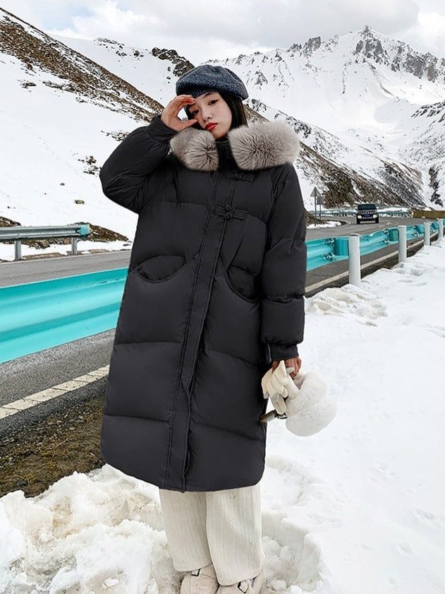 Women's Long Puffer Coat with Large Fur Collar - Winter Fashion Quilted Jacket