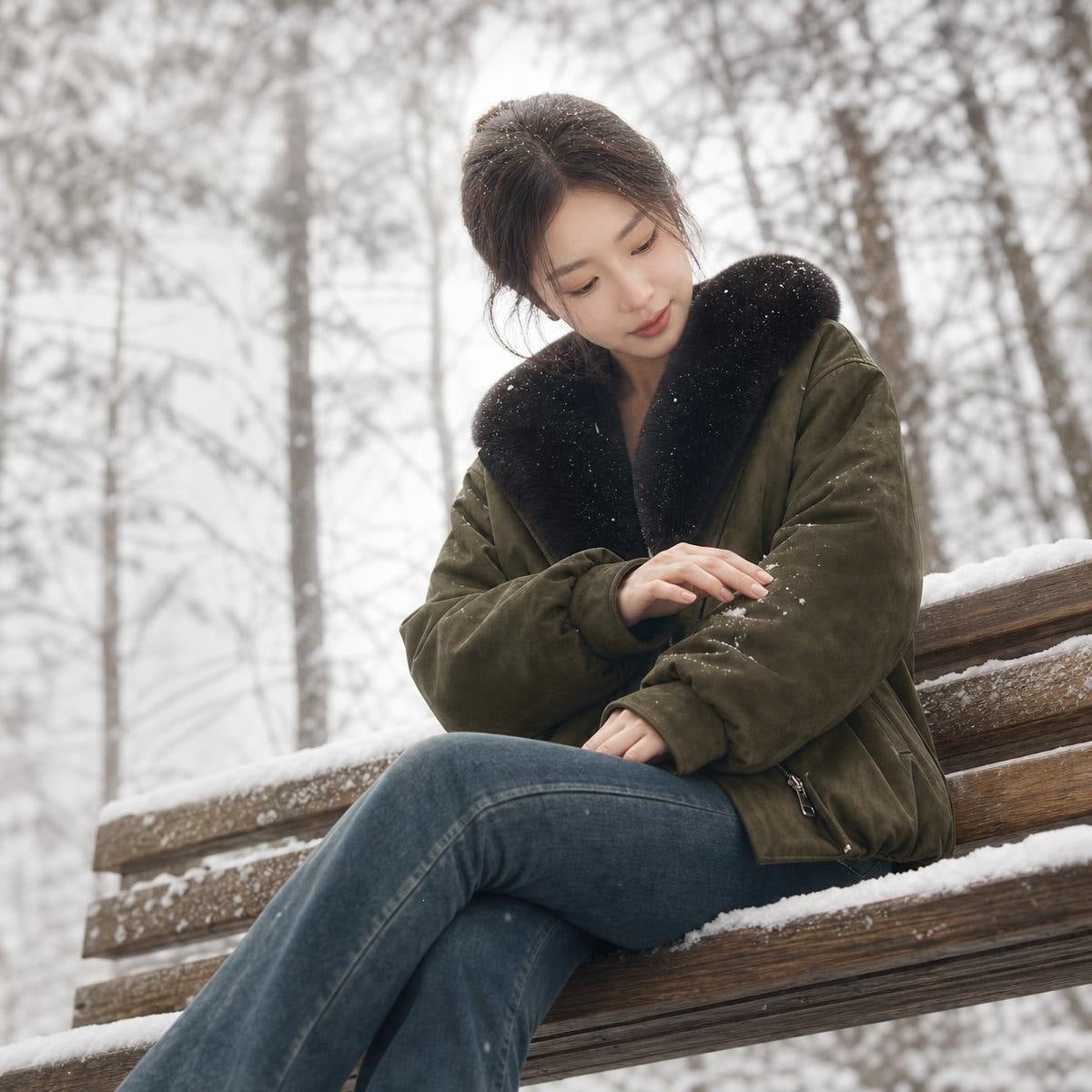 Women's Short Faux Fox Fur Collar Parka Coat