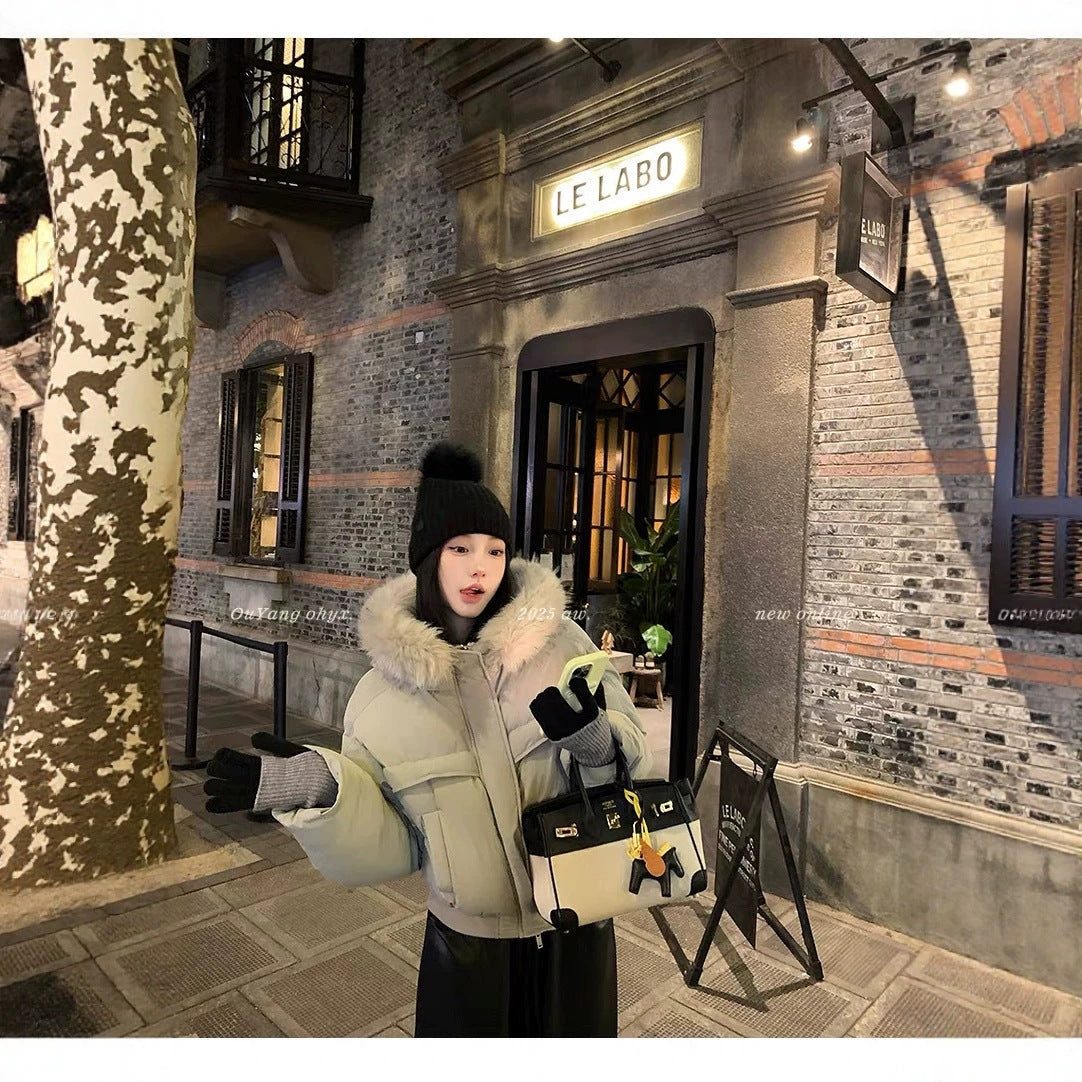 Gray Women's Thickened Padded Coat with Large Fur Collar