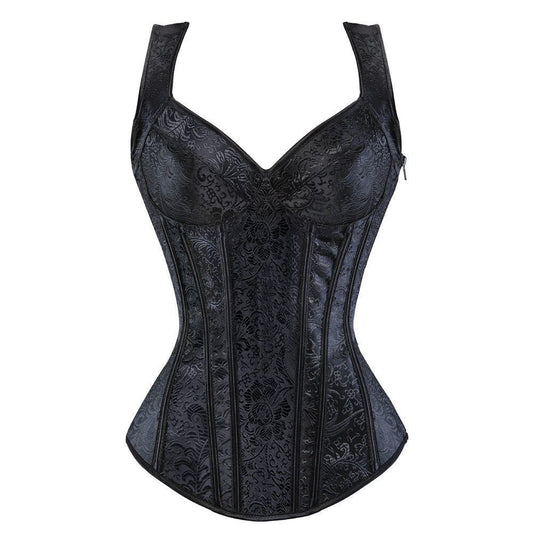Vintage Embroidered Corset with Side Zipper and Bust Support Straps, Shapewear Bodysuit