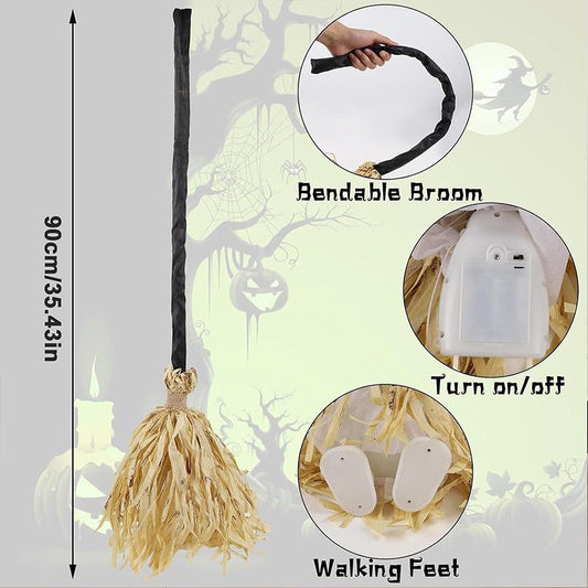 Glowing Witch Broom with Sound Effects – Auto Bouncing Halloween Decor, Haunted House Party Prop, Indoor Decoration Gift
