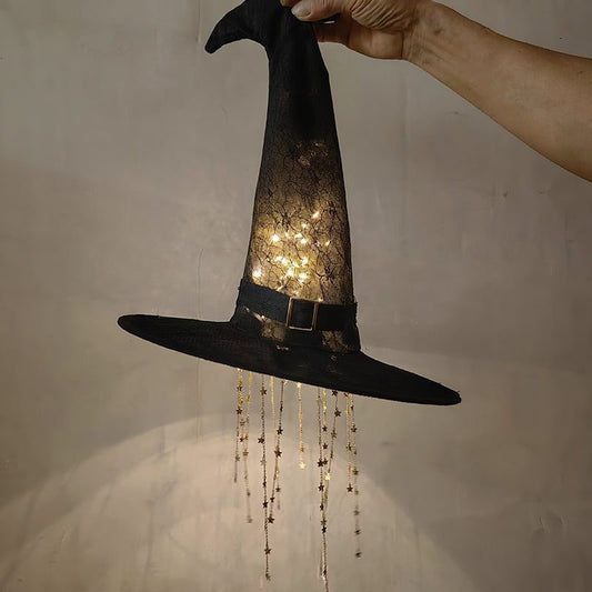 Lighted LED Witch Hat with Stars & Tassels – Hanging Hollow Glowing Decoration, Curved Brim, Vintage Halloween