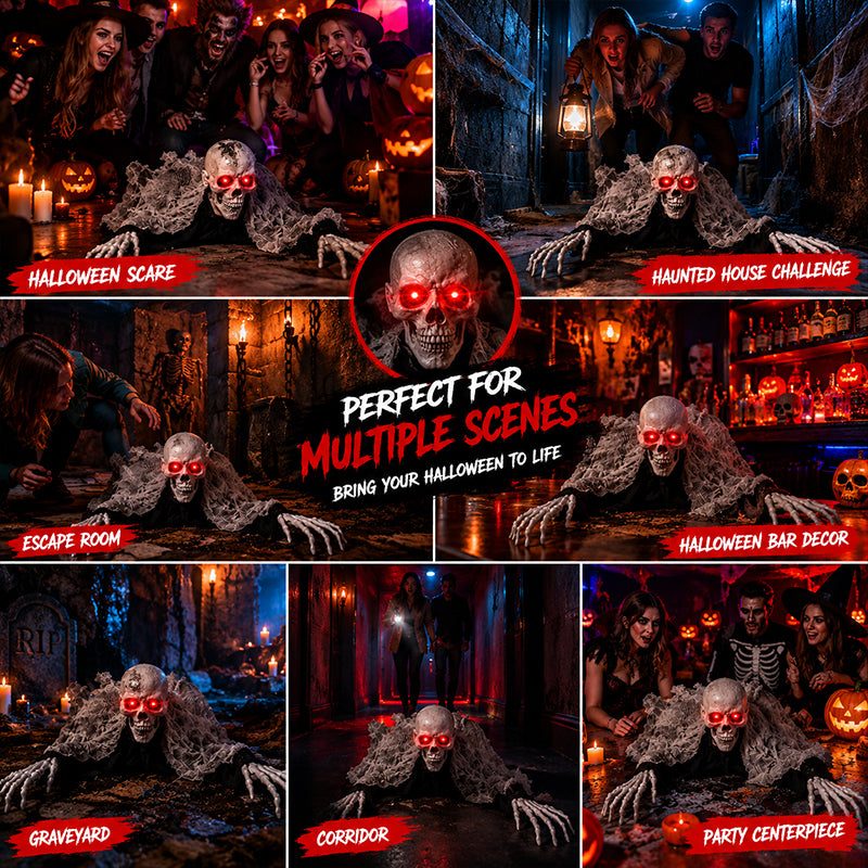 Voice Control Halloween Ghost – Glowing Red Eyes, Auto-Moving Hands, Foldable Bloody Zombie Screamer, Animatronic Decor
