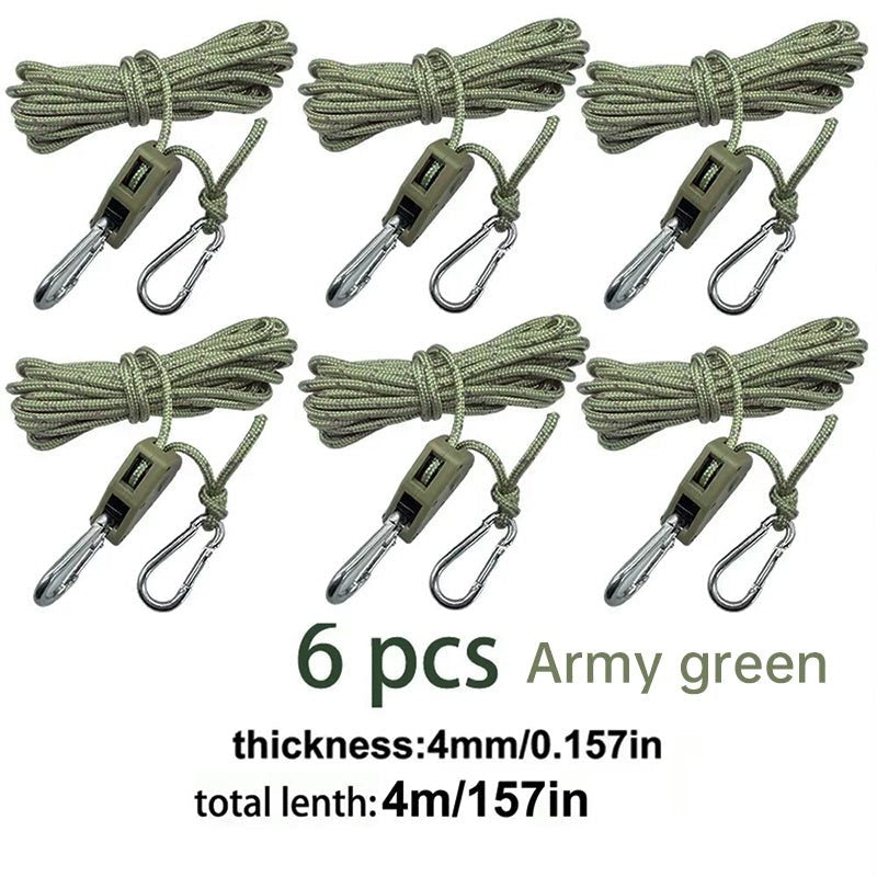 4M 6Pcs Reflective Tent Rope Set – Camping Guy Lines with Tension Buckles, Ratchet Hangers & Awning Tie-Downs, Outdoor