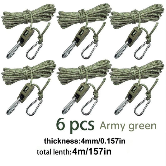 4M 6Pcs Reflective Tent Rope Set – Camping Guy Lines with Tension Buckles, Ratchet Hangers & Awning Tie-Downs, Outdoor
