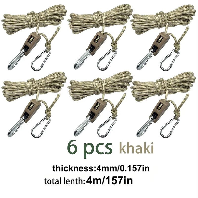 4M 6Pcs Reflective Tent Rope Set – Camping Guy Lines with Tension Buckles, Ratchet Hangers & Awning Tie-Downs, Outdoor