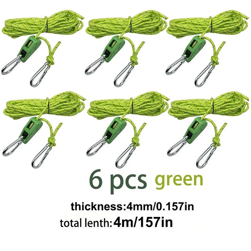 4M 6Pcs Reflective Tent Rope Set – Camping Guy Lines with Tension Buckles, Ratchet Hangers & Awning Tie-Downs, Outdoor